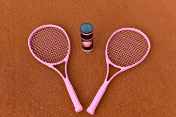 Pink tennis rackets on clay coart, concept for breast cancer awareness month 