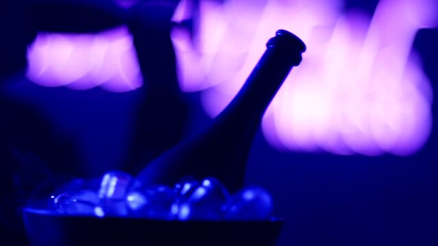 Close up view of sexy woman flirting , dancing and drinking glass of champagne . Smoke rises from ice cubes . Black colored sparkling wine bottle and glasses inside night club . Concept of nightlife