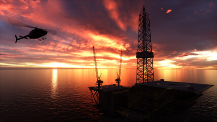 Oil Platform Oil Rig or Offshore Platform with Helicopter landing on it. Sunset silhouette. 3D render.