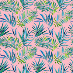 Watercolour blue green tropical palm leaves illustration seamless pattern. On pink background. Hand-painted. Floral elements, jungle leaves.