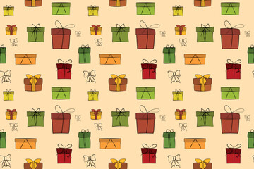 Gift box seamless pattern. Line art. Christmas, New Year, holidays, birthday background. Vector illustration