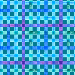 Watercolor seamless checkered pattern. Strokes texture plaid. Hand painted stripe on blue green background.