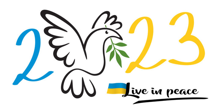 Illustration d’une colombe tenant dans son bec un rameau d’olivier, pour souhaiter que l’année 2023 voit le retour de la paix en Ukraine.
