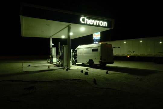 Gas Station With A Bunch Of Stray Cats Gathered Around A Van Getting Filled Up In The Dark