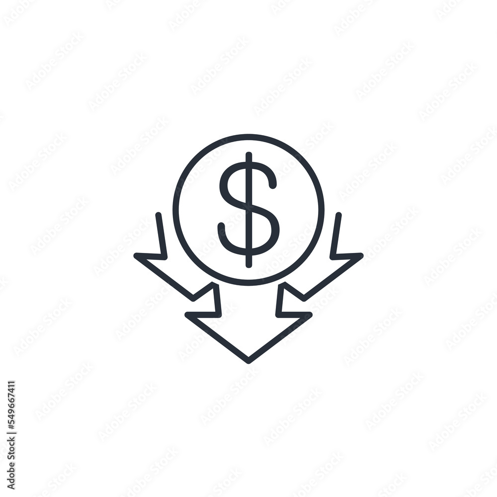 Poster arrows down and dollar. vector linear icon isolated on white background.