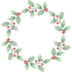 Fototapeta premium Christmas wreath, flower wreath of christmas flower, holly berries with leaves clipart. Isolated element graphic. Watercolor style illustration.