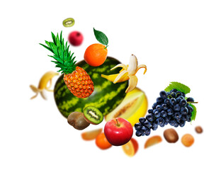 Fototapeta na wymiar Juicy, tasty, fresh ananas, kiwi, grapes, orange, apple, banan, pomegranate levitate on a white background, healthy diet. Fresh fruits and vegetables