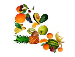 Juicy, tasty, fresh ananas, kiwi, grapes, orange. cherry, wtermelon levitate on a white background, healthy diet. Fresh fruits and vegetables