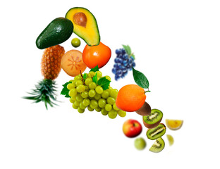 Juicy, tasty, fresh grape, kiwi, orange, orange. apple. pineapple levitate on a white background, healthy diet. Fresh fruits and vegetables