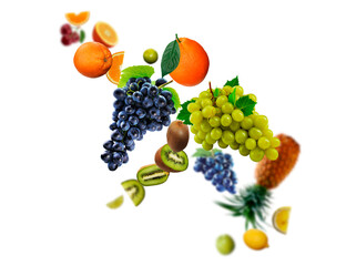Juicy, tasty, fresh grape, kiwi, orange. pineapple, cherry, lime levitate on a white background, healthy diet. Fresh fruits and vegetables