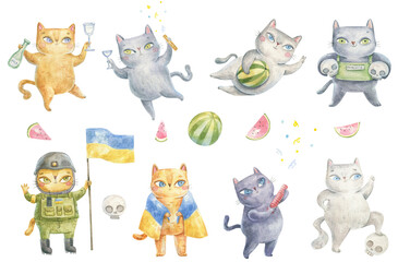 cute Ukrainian cat patriot, warrior rejoices in the victory of Ukraine, children's illustration in watercolor on a white background, stickers, print and design