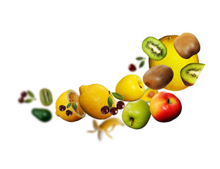 Juicy, tasty, fresh kiwi, banan, melon, limon, apple, cherry levitate on a white background, healthy diet. Fresh fruits and vegetables