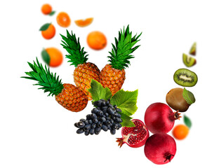 Juicy, tasty, fresh kiwi, grape, pomegranate, orange, pineapple  levitate on a white background, healthy diet. Fresh fruits and vegetables