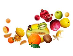 Juicy, tasty, fresh kiwi, orange, banan, persimmon, lemon, pomegranate levitate on a white background, healthy diet. Fresh fruits and vegetables