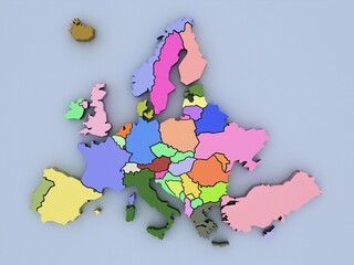 3D rendered map of Europe with bright colors