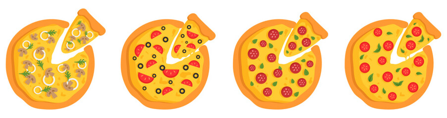 A set of pizzas with different flavors with a cut off slice with melted cheese