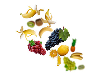 Juicy, tasty, fresh limons, apple, kiwi, grape levitate on a white background, healthy diet. Fresh fruits and vegetables