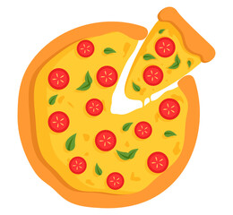 pizza with a cut off slice with cheese. Fast food Illustration