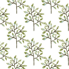 Fototapeta na wymiar Hand drawn branches with leaves seamless pattern. Botanical sketch background. Decorative forest twig endless wallpaper.