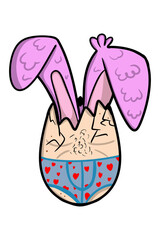 An Easter egg with bunny ears sticking out of it. For Easter. Hand drawn, in cartoon style. On a white background, isolated. Painted like a belly of a middle-aged man in blue underpants with hearts.