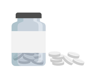 Medical bottle with label. Pill flat icon isolated on white background. Flat vector illustration. 