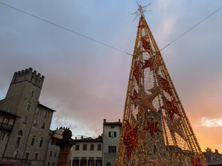 View of a big christmas tree in the main square (Piazza Grande) of Arezzo in Italy