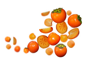 Juicy, tasty, fresh persimmon levitate on a white background, healthy diet. Fresh fruits and vegetables.