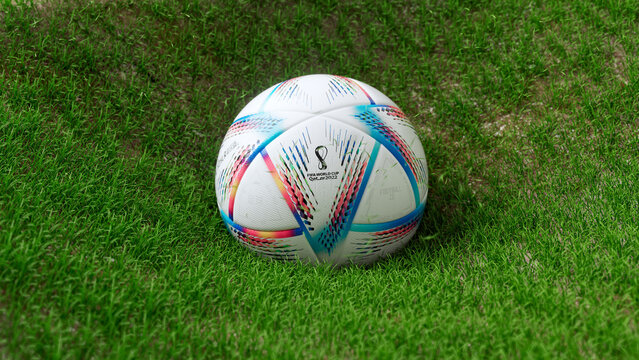 3d rendreing of soccer ball on the grass field.