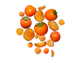 Tasty, juicy persimmon levitate on a white background, healthy diet. Fresh fruits and vegetables