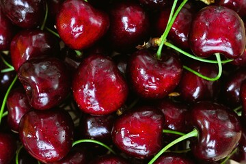 Fresh juicy, wet, red, cherry berries pattern background