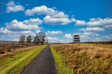 Fototapeten Publicly accessible lookout tower in Het Aekingerzand part of the Nationaal Park Drents-Friese Wold with a view over the sand drifts called the Kale Duinen and beautiful heaths © photodigitaal.nl