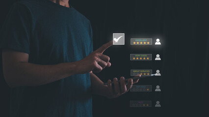 Customer service evaluation concept. Businessman pressing  on virtual screen that have 5 star rating. Survey, poll or questionnaire for user experience or customer satisfaction research.