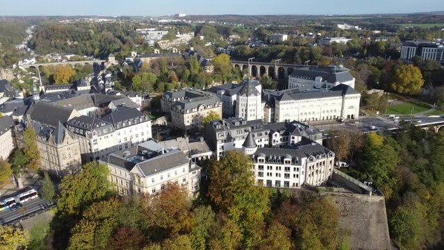 Scenic Drone Aerial Footage of Luxembourg City, including Cath&eacute;drale Notre-Dame, Pont Adolphe and Bourbon-Platte