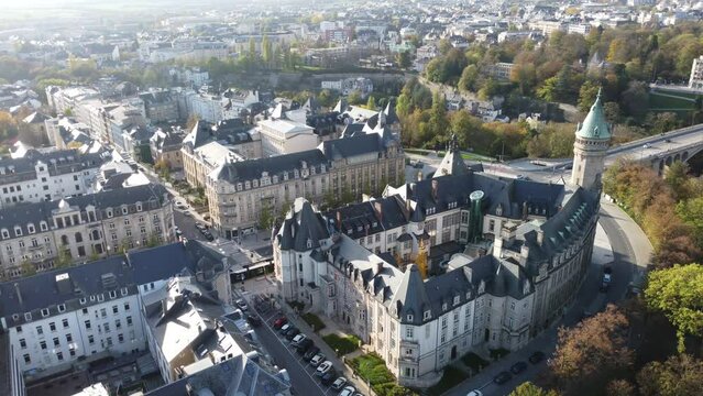 Scenic Drone Aerial Footage of Luxembourg City, including Cath&eacute;drale Notre-Dame, Pont Adolphe and Bourbon-Platte