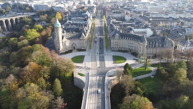 Scenic Drone Aerial Footage of Luxembourg City, including Cath&eacute;drale Notre-Dame, Pont Adolphe and Bourbon-Platte