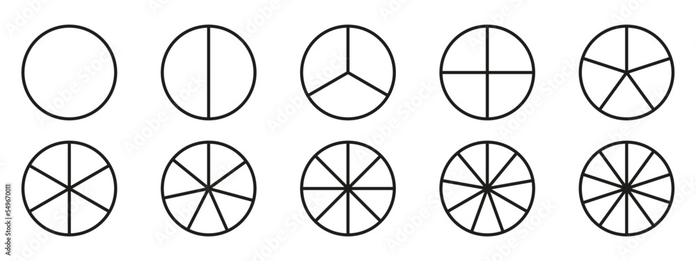 Poster circles divided diagram 3, 10, 7, graph icon pie shape section chart. segment circle round vector 6,