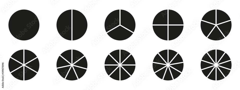Poster circles divided diagram 3, 10, 7, graph icon pie shape section chart. segment circle round vector 6,