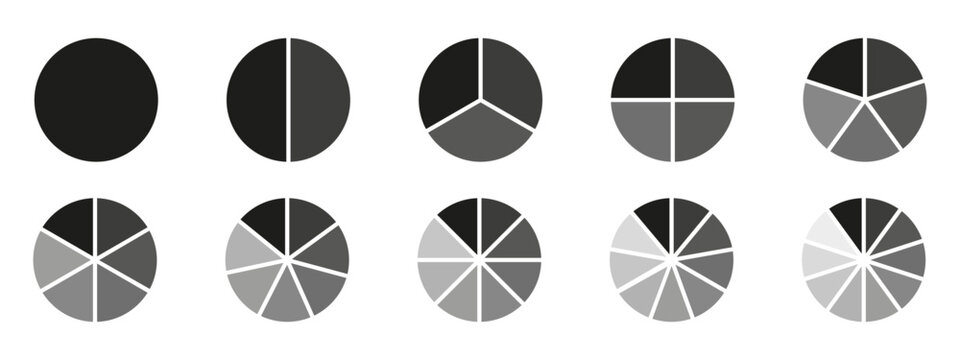 Circles Divided Diagram 3, 10, 7, Graph Icon Pie Shape Section Chart. Segment Circle Round Vector 6, 9 Devide Infographic