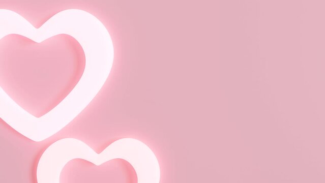 Pink animated background with hearts and copy space. Valentine's Day, Mother's Day, Wedding backdrop. Empty space for advertising text, invitation, logo. Trendy design. Love symbol. 3D animation.