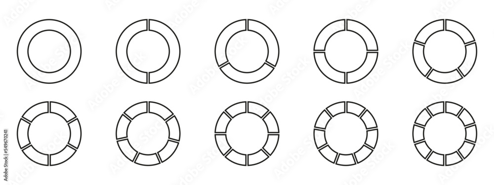 Poster circles divided diagram 3, 10, 7, graph icon pie shape section chart. segment circle round vector 6,