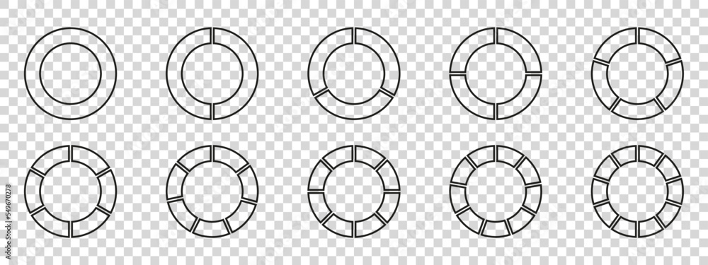 Poster circles divided diagram 3, 10, 7, graph icon pie shape section chart. segment circle round vector 6,