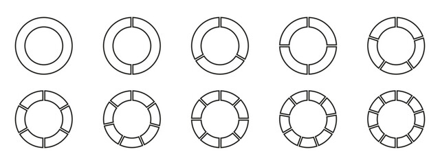 Circles divided diagram 3, 10, 7, graph icon pie shape section chart. Segment circle round vector 6, 9 devide infographic.