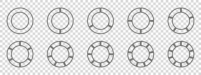 Circles divided diagram 3, 10, 7, graph icon pie shape section chart. Segment circle round vector 6, 9 devide infographic.