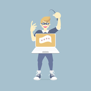 hacker phishing laptop, cartoon style clip art preview