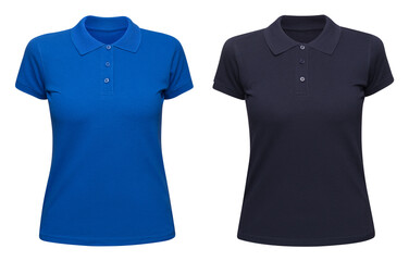 Woman blue polo shirt isolated on white. Mockup female polo t-shirt front view with short sleeve - 549670426