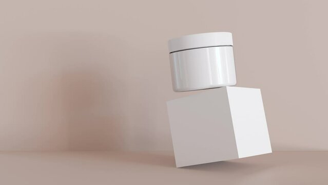 Motion graphic with white and blank, unbranded cosmetic cream jar and cube. Skin care product presentation. Beauty and spa. Copy space. 3D animation.