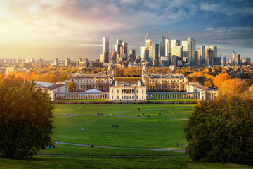 The London skyline with the office skyscrapers of Canary Wharf seen from Greenwich Park during...