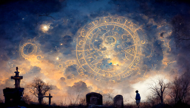 An eerie, dark spiral mark drawn in the night sky above a dismal graveyard is us for clairvoyance or black or negative horoscope related to death or the end of an era.