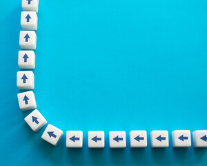 Blocks with chain arrows on a blue background. Moving forward, step by step. New opportunities....
