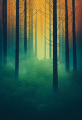 A vertical poster of a forest on fire shows tree trunks engulfed in flames and billowing smoke. Fighting wildfires must be a global priority due to climate change and it is tragic.